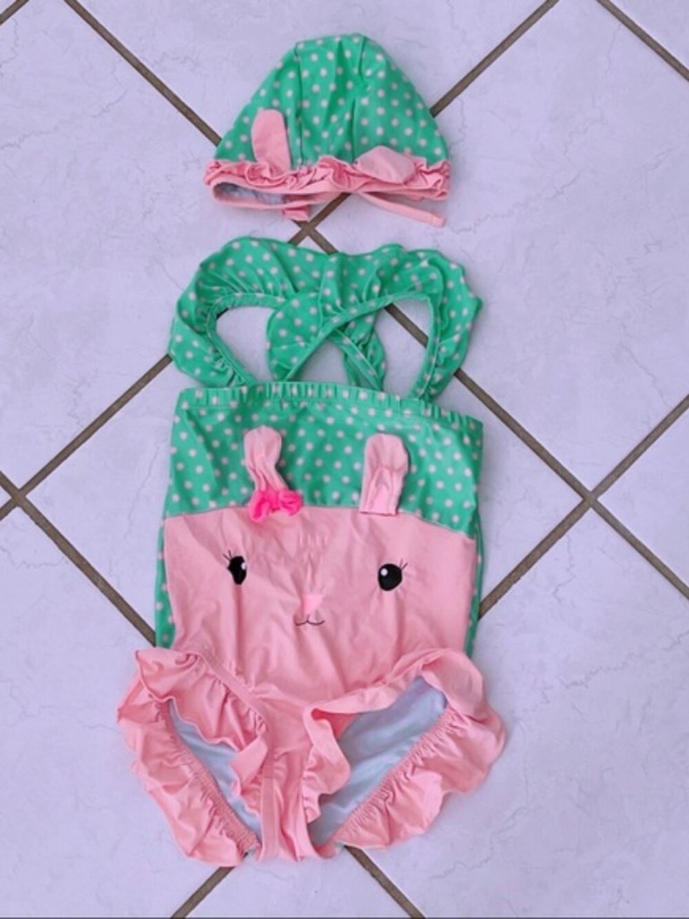 Bebezoo Girls Bunny One Piece Swimsuit Swim Cap Set Green Polka Dot Size 4T/5